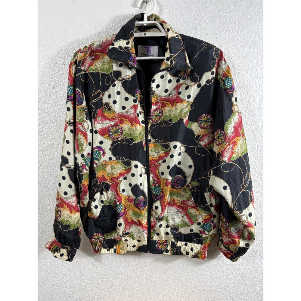 Oleg Cassini Silk Bomber Jacket Womens L Multi Color Vintage‎ Map Nautical